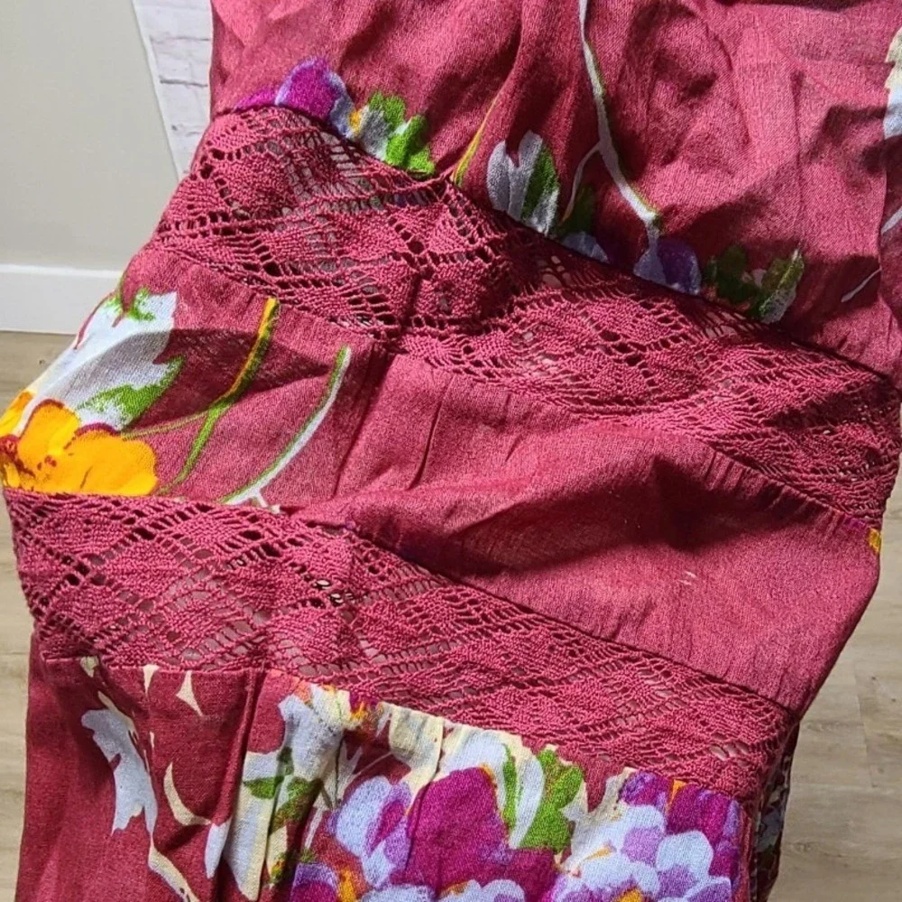 Free People Boho Floral Smocked Midi Dress Burgundy Red Size XS